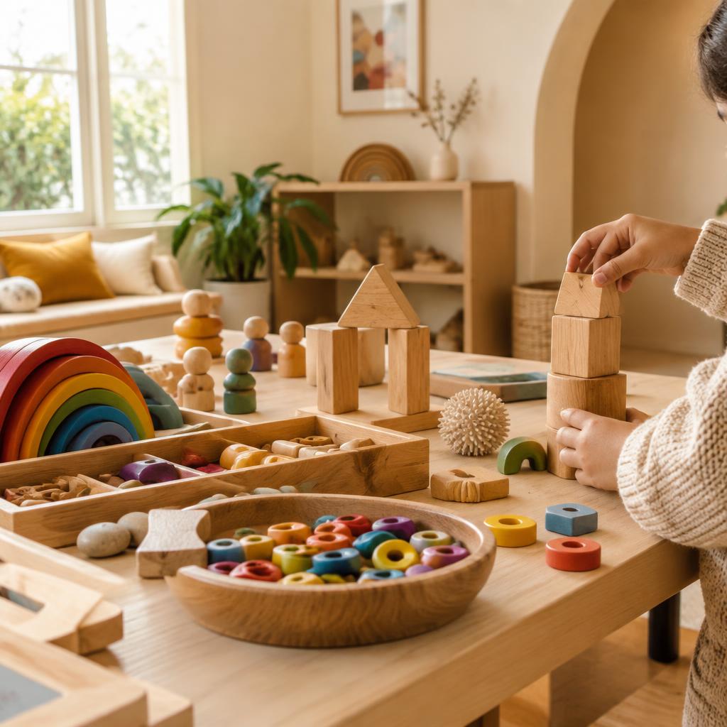 Hands building with wooden blocks and rainbow toys
