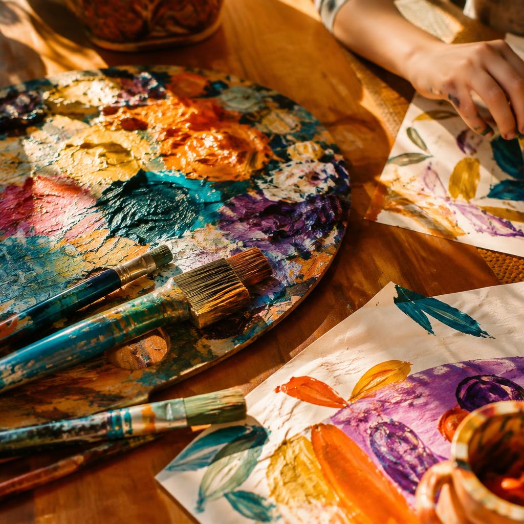 Paint brushes, palette and colorful artwork