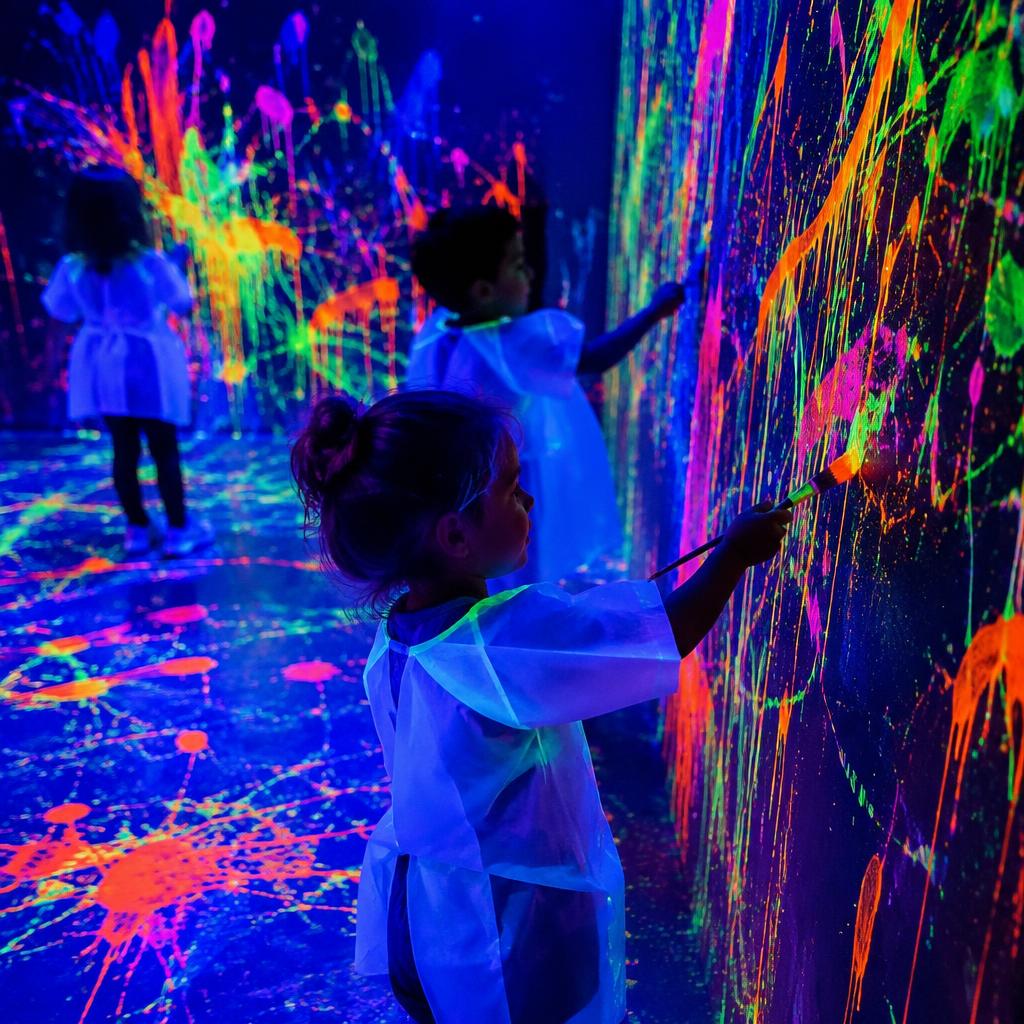 Children painting with neon colors under black light