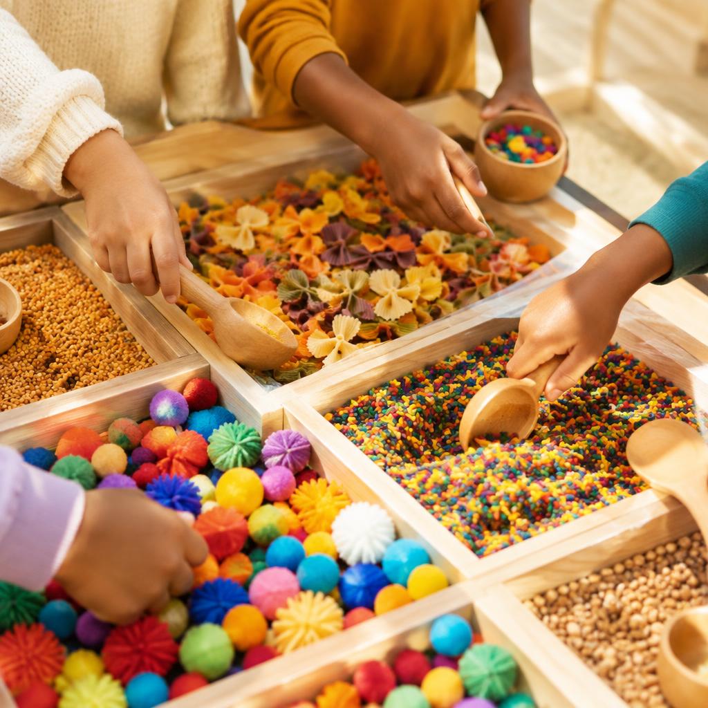 Children exploring colorful sensory bins